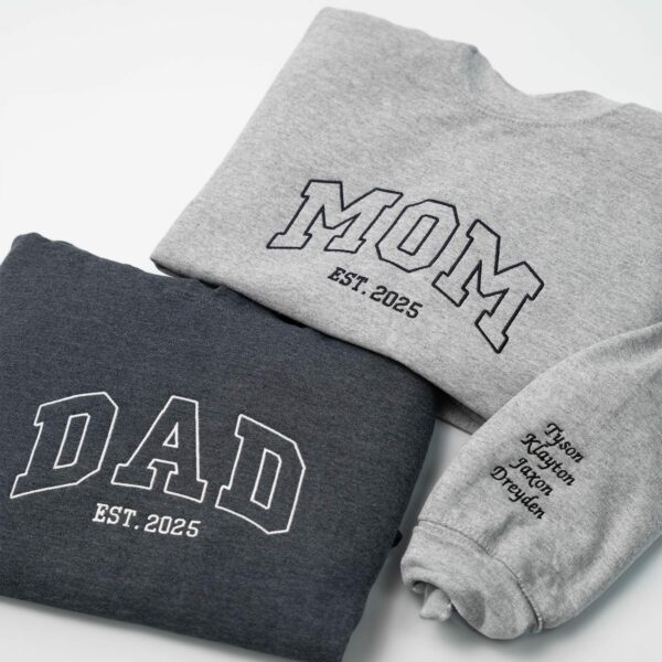 Custom Embroidered Sweatshirt, Mama Sweatshirt, Name On Sleeve With Heart, Matching Dad And Mom Hoodie, Dad Shirt With Date, Mama Est Shirt