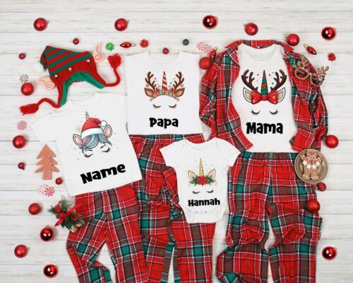 Unicorn Family Christmas Shirt, Custom Family Name Pajamas, Personalized Christmas Family Shirt, Matching Family Shirt, Funny Christmas Tee